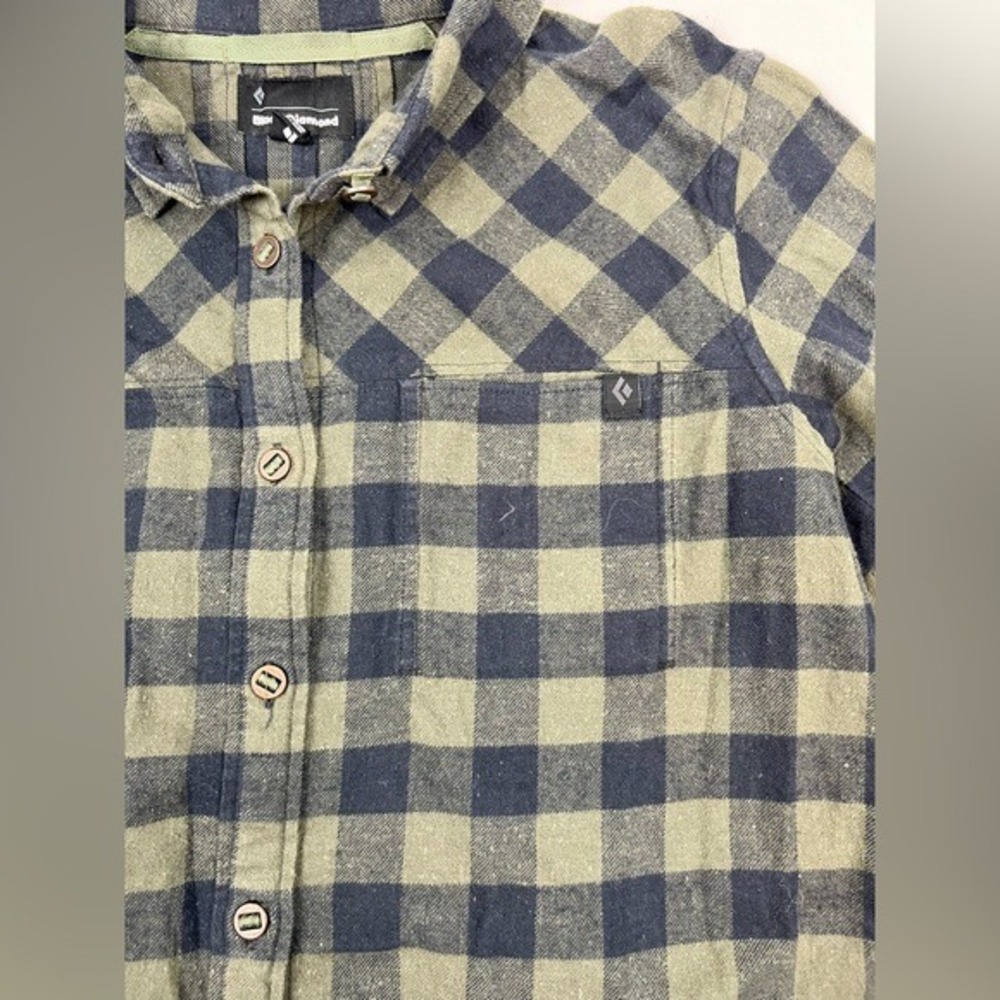 Black Diamond Spotter LS Flannel Shirt‎ Olive Green Navy Plaid Organic Cotton - Picture 3 of 6